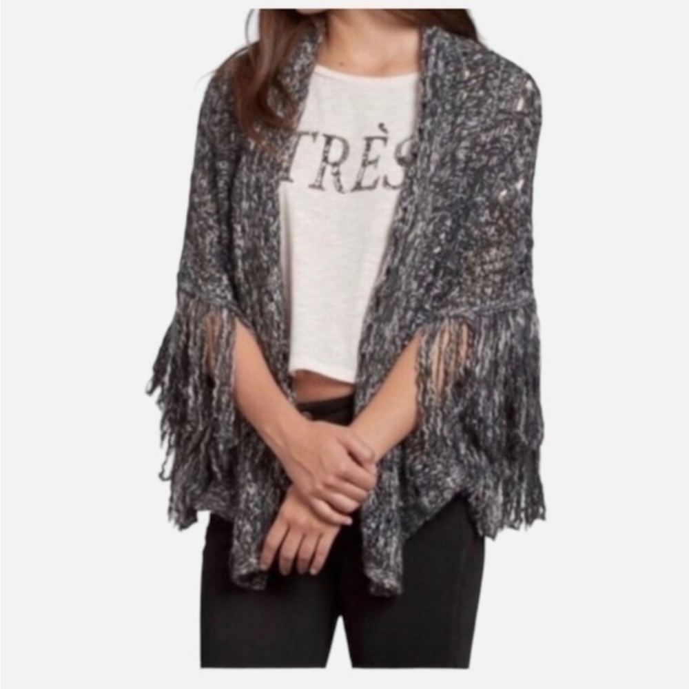 Abercrombie Fitch Sweater Wool Blend One Size Open Front Knit Fringe Gray
